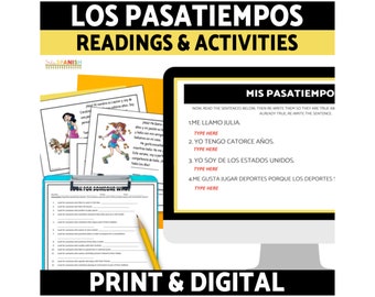 Può includere: Risorse didattiche per studenti di spagnolo, disponibili in formato cartaceo e digitale. L'immagine mostra fogli di lavoro e uno schermo di computer con esercizi di comprensione della lettura in spagnolo. Il titolo è "LOS PASATIEMPOS READINGS & ACTIVITIES".