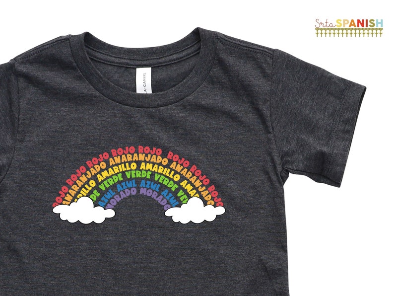 Los Colores Vocabulary Rainbow Tee T Shirt Bilingual Language Multilingual Dual Language Toddler Short Sleeve Tee Dark Heather Grey