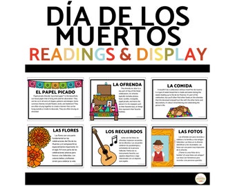 Könnte beinhalten: Ein Satz von sechs bunten, druckbaren Postern mit schwarzen Umrissen und spanischem Text über die Traditionen des Día de los Muertos. Die Poster zeigen Illustrationen von Essen, Blumen, Papier picado und anderen traditionellen Elementen.