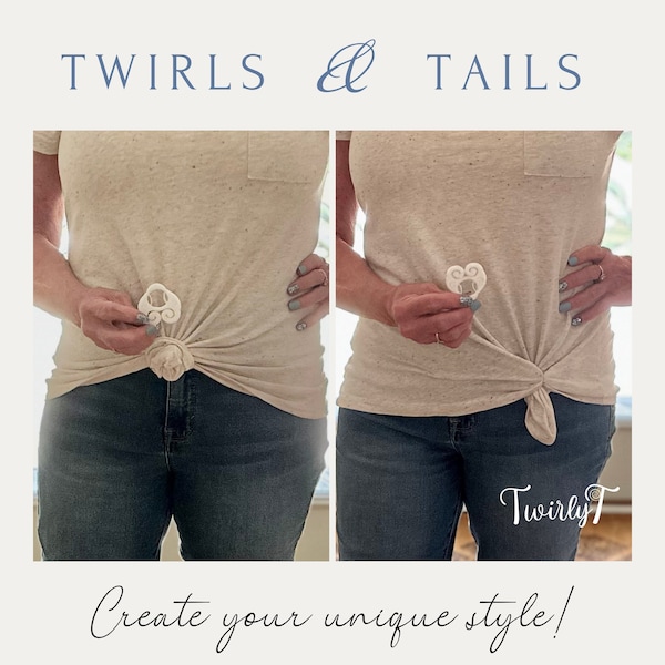 T-shirt clip to cinch and style boxy, oversized, long knit tops and tees. TwirlyT, the ultimate fashion accessory and wardrobe booster.