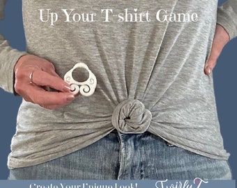 TwirlyT: Innovative, versatile, shirt clip, cinch clip that transforms boxy tops and baggy t-shirts into fun, fit, and flattering fashion.