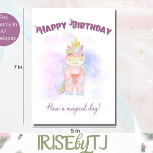 Carte de joyeux anniversaire Licorne imprimable pour les enfants, carte de voeux Licorne 5x7in, carte d'anniversaire pour fille, carte imprimable, pour nièce, téléchargement numérique image 3