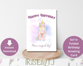 Carte de joyeux anniversaire Licorne imprimable pour les enfants, carte de voeux Licorne 5x7in, carte d'anniversaire pour fille, carte imprimable, pour nièce, téléchargement numérique