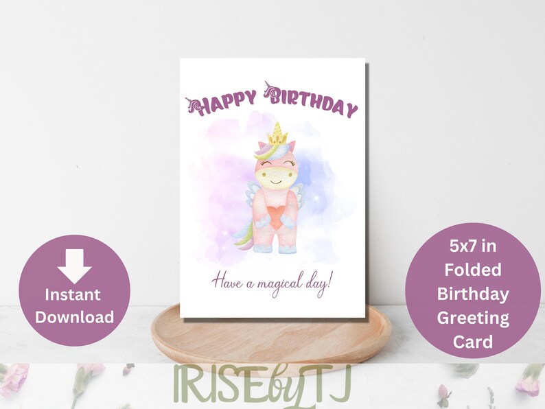 Carte de joyeux anniversaire Licorne imprimable pour les enfants, carte de voeux Licorne 5x7in, carte d'anniversaire pour fille, carte imprimable, pour nièce, téléchargement numérique image 1
