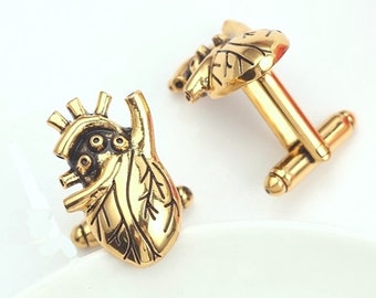 Beautifully detailed ANATOMICAL HEART gold CUFFLINKS in luxury gift box. Health, doctor, cardiology worker gift. Free Delivery