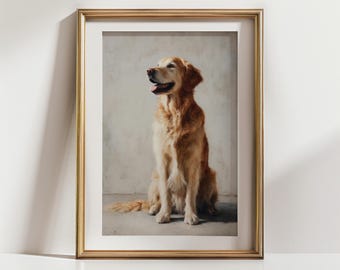 Golden Retriever Dog Oil Painting Wall Art Print, Vintage-Inspired (Digital Download)