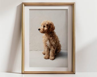 Mini gouden doodle hond olieverfschilderij kunst aan de muur, vintage-geïnspireerd (digitale download)