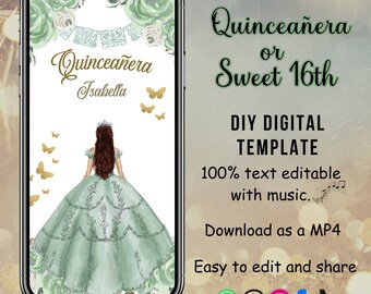 Salie groene bloemen Mis kweepeer uitnodiging bewerkbare, elegante bloemen groen & goud Mexicaanse prinses quinceanera, Spaans meisje zoete 16e, Emerald