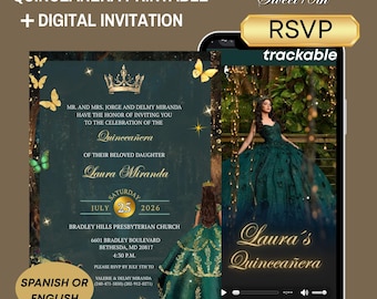 Enchanted forest Emerald Green quinceanera RSVP Website, Digital print emerald green, Sweet 16 invitation, Birthday Invite Quinceañera RSVP