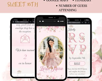 Rose Gold Quinceanera Uitnodiging & RSVP Tracking, Quinceañera Video Uitnodiging, 15e Verjaardagsfeest, 15e Verjaardag, Online RSVP En Schema