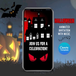 Puede incluir: La pantalla de un teléfono inteligente muestra una invitación de Halloween con una casa encantada, ojos rojos y el texto "Join us for a celebration!" La invitación está animada e incluye música. El texto "Halloween Animated Invitation with Music Canva Template" se muestra en el lado derecho de la imagen.