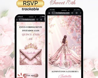 Cherry Blossom Rose gold Quinceanera Digital Invitation & Rsvp Tracking quince anos, Digital RSVP, Rose Invite Sweet 16, Pink quinceañera
