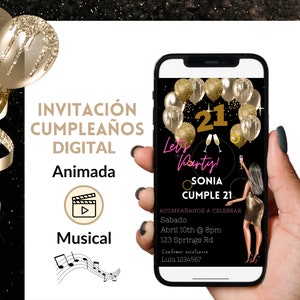 Black and Gold 21th Birthday Party Invitation, Any age Video Invitation, Editable E- Invite, Any Age, spanish invitation,