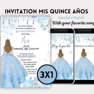 Puede incluir: Invitación a una celebración de Quinceañera con un diseño floral azul y blanco. La invitación presenta a una joven con un vestido azul y una corona plateada. El texto dice "Invitación Mis Quince Años" y "Con tu canción favorita".
