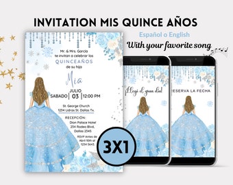 Baby Blue Floral Silver Quinceañera Invitation, Invitations Quinceanera flowers, Quinceanera SAVE THE DATE, Romantic Cinderella theme quince