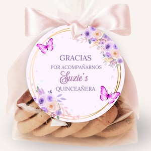 Lila vlinders bloemen quinceanera dank u cadeau tag, gunst tags, bewerkbare ronde gift tag, bruiloft gunst tags, dank u label