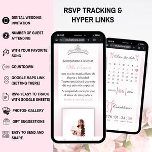 Digital inbjudan och OSA-spårning till rosa Quinceanera-festen, digital inbjudan till Törnrosa, videoinbjudan till Quinceañera bild 2