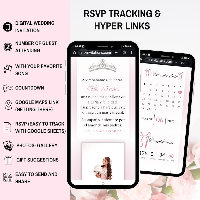 Digital inbjudan och OSA-spårning till rosa Quinceanera-festen, digital inbjudan till Törnrosa, videoinbjudan till Quinceañera bild 2