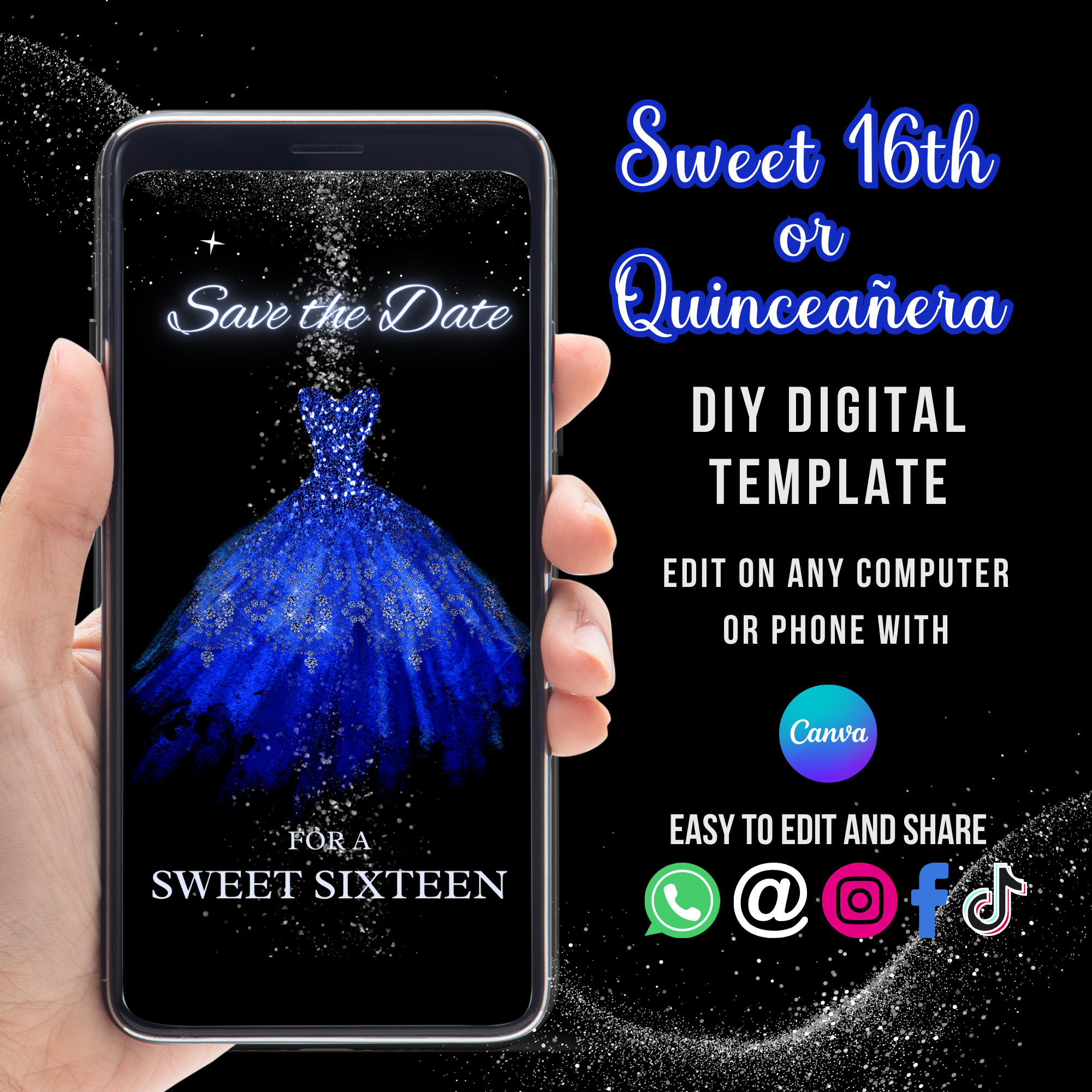 Royal Blue Save the Date Sweet 16, Quinceañera Invitation, Prom Editable Video invite ,16th Invite, XV Save the Date, 15th Birthday invite