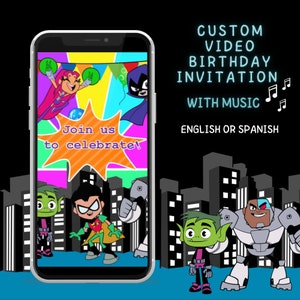 Invito di compleanno di Teen Titans, Invito di compleanno personalizzato per bambini, Evite per ragazzi e ragazze, Invito per feste digitali per bambini, Invito per biglietti di compleanno digitali