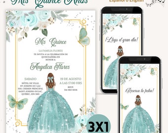 Aqua Quinceanera invitation floral butterfly theme, Quinceanera Spanish invitation, Video quinceañera invitation in Spanish /English,XV years