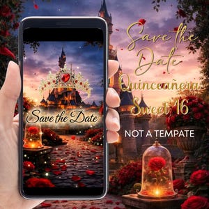 Puede incluir: Un smartphone muestra una invitación temática de cuento de hadas con un castillo, una corona y rosas. El texto "Save the Date Quinceañera Sweet 16" está presente. El fondo incluye un cielo al atardecer y un camino con pétalos de rosa.