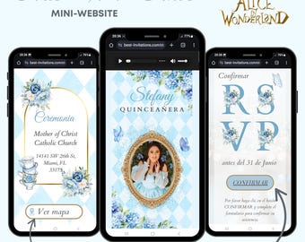 Quinceanera Alice in Wonderland Invitation bluer, pink & Rsvp Tracking, Quinceañera Video Invitation, Digital RSVP, Rsvp Form, 15Th Birthday