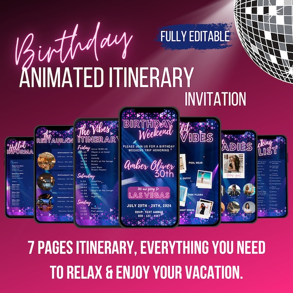 Digital Birthday Weekend Invitation, Animated Travel Itinerary, holiday invitation, Las Vegas Vacation Trip Evite, Editable Planner Template