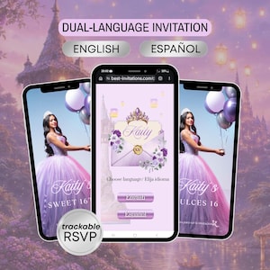 Quinceanera Invitation Digital Sweet 16 Invite Sweet, Lilac 15 Rapunzel RSVP Birthday Editable Spanish Tangled Invitation, Purple Web Invite