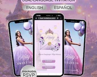 Quinceanera Invitation Digital Sweet 16 Invite Sweet, Lilac 15 Rapunzel RSVP Birthday Editable Spanish Tangled Invitation, Purple Web Invite
