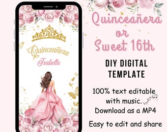 Blush Pink gold Princess Video Quinceañera Invitation, 16th, Mis Quince 15 Anos, EDITABLE Tiara Rose 15th Birthday Party, Invite Template