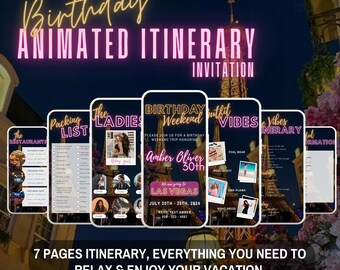 Digital Birthday Weekend Invitation, Animated Travel Itinerary, Girls Pink Las Vegas Vacation Schedule Trip Avoidance, Editable Planner Template