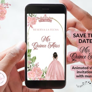 Invito Quinceanera Oro rosa, Salva la data personalizzata quinceanera floreale, Video invito quinceañera, Invito Quinceañera, Anni XV