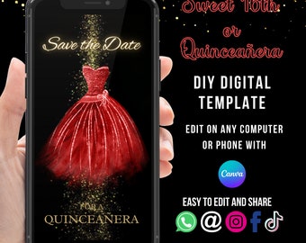 Burgundy Red Quinceañera Invitation, Save The Date Sweet 16 Editable Video,16th Invite, Quinceanera Save the Date, 15th Birthday invite