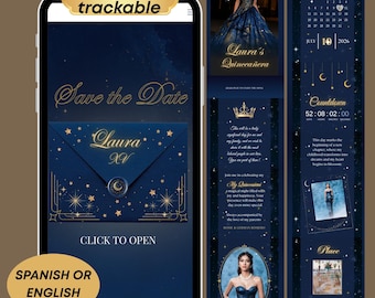 Under the Stars Quinceañera Invitation, Royal Navy Blue and Gold Quinceañera Digital Sweet 16, Quinceañera Video Invitation, Digital RSVP