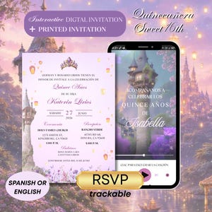 Puede incluir: Una invitación digital e impresa para una celebración de Quinceañera. La invitación presenta un diseño lila claro con detalles dorados, incluyendo una corona y texto en español. La invitación incluye información RSVP y un enlace a una canción.