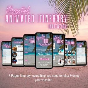 Puede incluir: Una invitación digital para un viaje de chicas a Cancún, México. La invitación presenta un esquema de color rosa y rosa neón con un fondo de playa tropical. El texto de la invitación dice "Girls Trip Weekend" e incluye las fechas del 20 al 25 de julio de 2024. La invitación también incluye una lista de atuendos para empacar para el viaje.