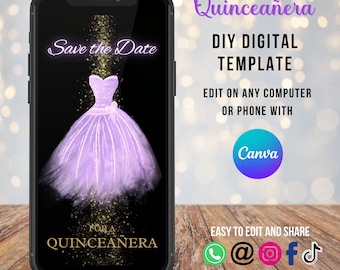 Lilac Quinceañera Invitation, Save The Date Party, Editable Video 16th Invite, Quinceanera Save the Date, 15th Birthday Video Invitation
