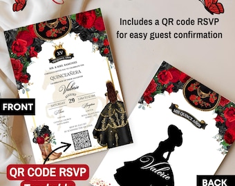 Quinceañera Invitation Black & Red charro with RSVP tracking QR Code, digital 15th Birthday Invite, sweet 16, elegant floral, 15th Mexican