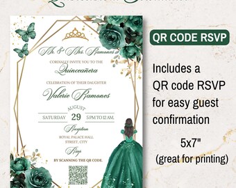 Smaragdgroene Quinceañera-uitnodiging met RSVP QR-code, elegante bloemenuitnodiging voor een 15e verjaardag, uitnodiging voor een Sweet 16, elegante bloemen op maat, 15e verjaardag