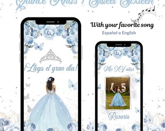 Dusty Blue butterflies floral quinceanera invitation, Video Baby blue quinceanera invitation, Video Sweet sixteen invite, My quince