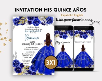 Royal Blue Mis Quince Años Invitation, Royal Blue and Silver Printable Invitation, Mexican Quinceanera Invitations in Spanish, English