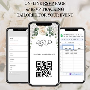 以下が含まれることがあります： 花柄のデザインが施された白いスマートフォンで、画面には「RSVP」の文字が表示されています。スマートフォンにはQRコードと「PLEASE RSVP BEFORE APRIL 10TH」の文字が表示されています。もう1台の白いスマートフォンには、「RSVP (Responses)」の文字と名前と日付のリストが表示されたスプレッドシートが表示されています。