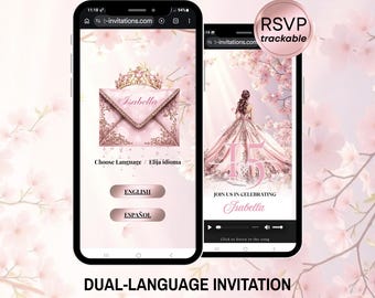 Cherry Blossom Quinceanera Digital Invitation & Rsvp Tracking, Rose gold Digital invitation RSVP, Rose Invite Sweet 16, Pink quinceañera,