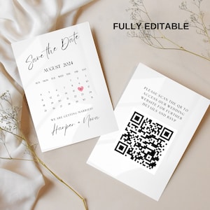 Peut inclure: Carte de sauvegarde de la date avec un calendrier pour août 2024 avec un cœur rose marquant le 15. Le texte indique "Save the Date" et "We are getting married! Harper + Nova". Un code QR est sur une carte séparée avec le texte "Veuillez scanner le QR pour accéder à notre site Web de mariage pour plus de détails et RSVP".