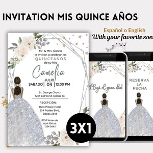 Elegant Silver floral Quinceañera Invitation, Personalized Quinceañera Spanish Invitation, Video invitation, Quinceanera Invitations English