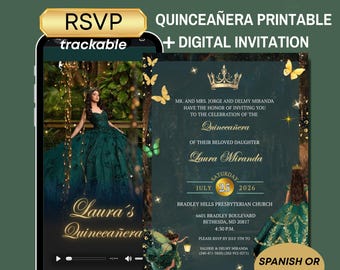 Enchanted forest Emerald Green quinceanera RSVP Website, Digital print emerald green, Sweet 16 invitation, Birthday Invite Quinceañera RSVP
