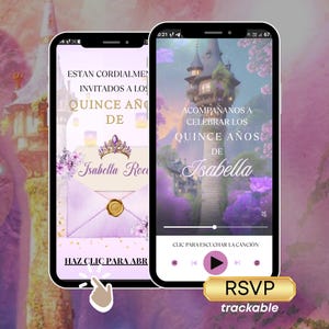 Puede incluir: Dos smartphones que muestran invitaciones de quinceañera. Uno muestra una invitación con una corona y el nombre "Isabella Roa". El otro teléfono muestra una escena de castillo con texto que invita a los invitados a celebrar la quinceañera de Isabella. Las invitaciones incluyen el texto "RSVP trackable."