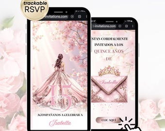 Cherry Blossom Rose gold Quinceanera Digital Invitation & Rsvp Tracking quince anos, Digital RSVP, Rose Invite Sweet 16, Pink quinceañera