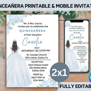 Baby blauwe bloemen zilveren Quinceañera uitnodiging afdrukbare, BEWERKBARE SJABLOON, Mis Quince 15 Anos verjaardag Diy uitnodigen, INSTANT Download, QC18